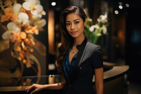 Portrait of a beautiful woman in a black suit posing in a cafe or hotel. created by generative AI technology.