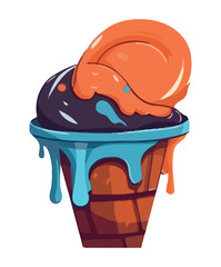 Cute cartoon ice cream cone with chocolate syrup.
