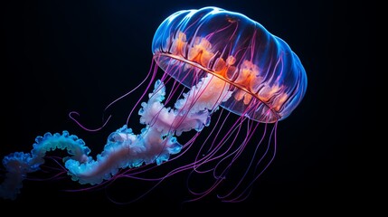 a bioluminescent jellyfish in the depths of the ocean, emitting an otherworldly glow in the darkness - Powered by Adobe
