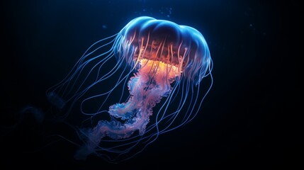 a bioluminescent jellyfish in the depths of the ocean, emitting an otherworldly glow in the darkness