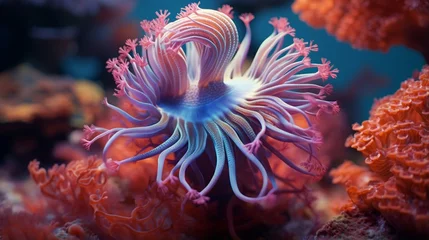  a brilliantly colored and intricate sea anemone with its tentacles waving in the currents, highlighting the beauty and diversity of marine life in coral reefs © ra0