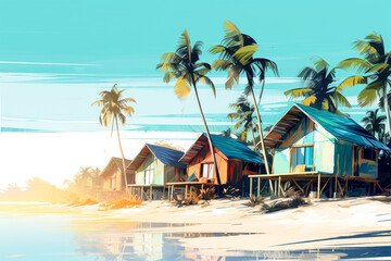 Tropical beach with wooden wooden huts, cottages on a beach in the pacific ocean.