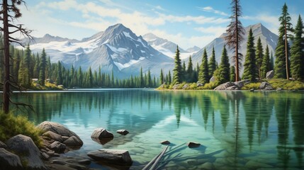 a crystal-clear mountain lake surrounded by towering pine trees, with their reflections mirrored perfectly in the water - obrazy, fototapety, plakaty