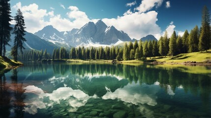 a crystal-clear mountain lake surrounded by towering pine trees, with their reflections mirrored perfectly in the water