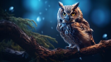 a curious owl perched on a tree branch, its piercing gaze capturing the essence of the forest at twilight