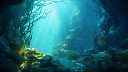 a dense kelp forest beneath the surface of the ocean, teeming with a diverse array of marine life