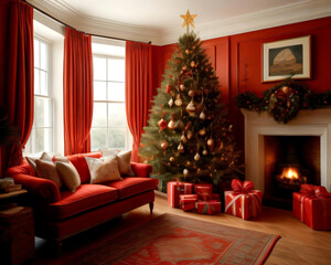 The main living room of a house with cushions and armchairs decorated for Christmas with Christmas trees, figurines, lights, and ornaments with big windows