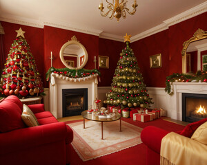The main living room of a house with cushions and armchairs decorated for Christmas with Christmas trees, figurines, lights, and ornaments.