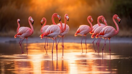 a group of flamingos wading gracefully in a shallow, sunlit lagoon