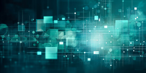 Dark green background with light blue sections, symbol and letters, in the style of medical themes, translucent geometries.
