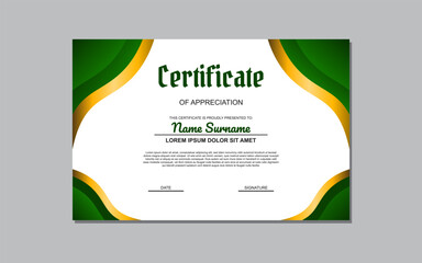 Certificate template suitable for awards and recognition purposes with a fresh and vibrant design featuring green and gold colors. Ideal for academic, professional, or organizational certificates.
