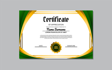 Certificate template suitable for awards and recognition purposes with a fresh and vibrant design featuring green and gold colors. Ideal for academic, professional, or organizational certificates.