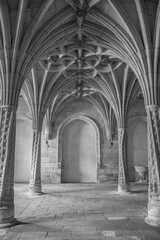 Arquitectura gótica con columnas en forma de palmera en blanco y negro