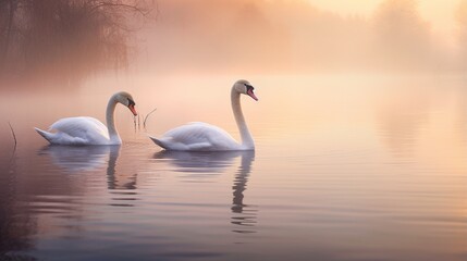a pair of graceful swans gliding across the calm surface of a mist-covered lake at dawn