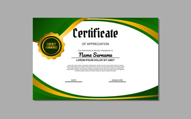 Certificate template suitable for awards and recognition purposes with a fresh and vibrant design featuring green and gold colors. Ideal for academic, professional, or organizational certificates.