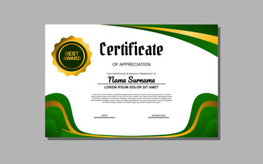 Certificate template suitable for awards and recognition purposes with a fresh and vibrant design featuring green and gold colors. Ideal for academic, professional, or organizational certificates.