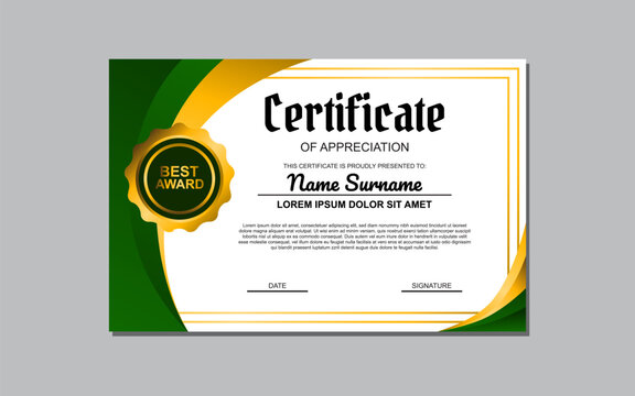 Certificate template suitable for awards and recognition purposes with a fresh and vibrant design featuring green and gold colors. Ideal for academic, professional, or organizational certificates.