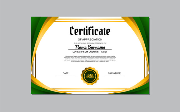 Certificate template suitable for awards and recognition purposes with a fresh and vibrant design featuring green and gold colors. Ideal for academic, professional, or organizational certificates.