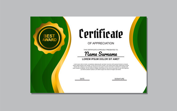 Certificate template suitable for awards and recognition purposes with a fresh and vibrant design featuring green and gold colors. Ideal for academic, professional, or organizational certificates.