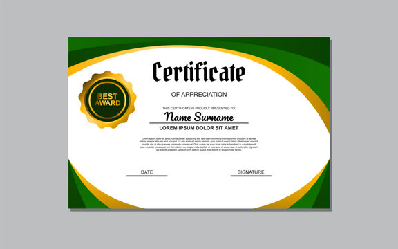 Certificate template suitable for awards and recognition purposes with a fresh and vibrant design featuring green and gold colors. Ideal for academic, professional, or organizational certificates.
