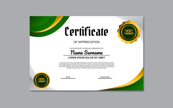 Certificate template suitable for awards and recognition purposes with a fresh and vibrant design featuring green and gold colors. Ideal for academic, professional, or organizational certificates.