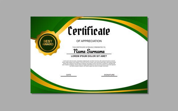Certificate template suitable for awards and recognition purposes with a fresh and vibrant design featuring green and gold colors. Ideal for academic, professional, or organizational certificates.