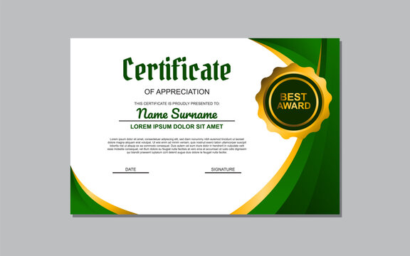 Certificate template suitable for awards and recognition purposes with a fresh and vibrant design featuring green and gold colors. Ideal for academic, professional, or organizational certificates.