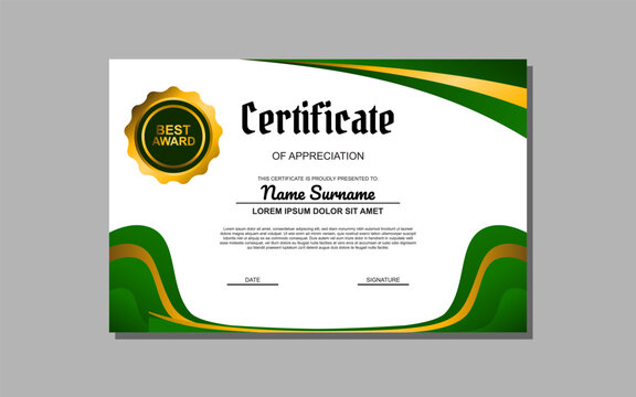Certificate template suitable for awards and recognition purposes with a fresh and vibrant design featuring green and gold colors. Ideal for academic, professional, or organizational certificates.