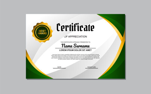 Certificate template suitable for awards and recognition purposes with a fresh and vibrant design featuring green and gold colors. Ideal for academic, professional, or organizational certificates.