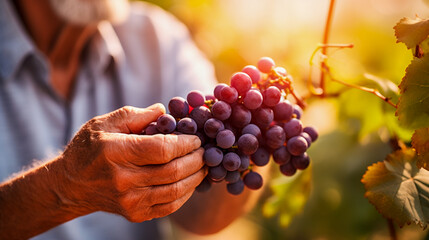 Macro shot of a farmer inspecting grapes in a vineyard, highlighting deep purples.