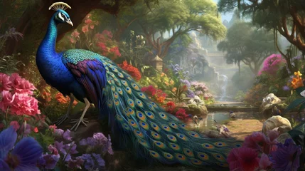  a proud peacock strolling through a lush garden, its striking plumage unfurled in all its glory © ra0