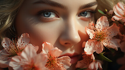 Photo of beautiful green eyed woman standing on red cherry blossom background, cosmetics photo, beauty industry advertising photo.