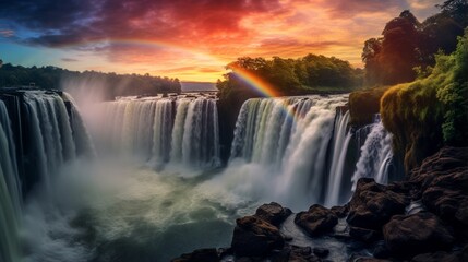 a radiant rainbow arcing across a misty waterfall, with vivid colors blending into the natural surroundings