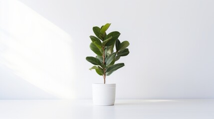 Minimalist Fiddle Fig (Ficus lyrata) in white pot with sunlight from the window in a white wall room.