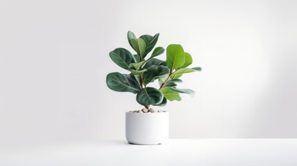 Minimalist Fiddle Fig (Ficus lyrata) in white pot with sunlight from the window in a white wall room.