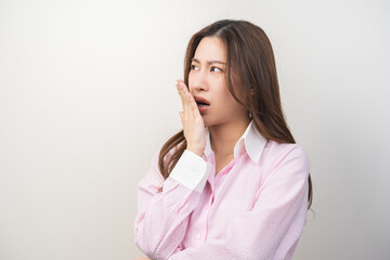 Portrait of pretty brunette hair, disgust smell bad strong asian young woman, girl checking her...