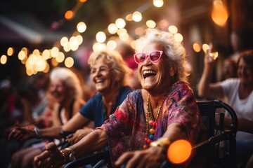 Group of happy elderly woman having fun and laughing in amusement park