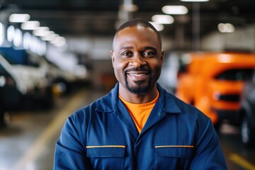 Smiling portrait of a male african american car mechanic working in a mechanics shop
