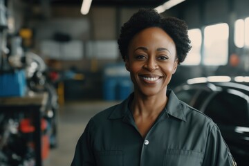 Smiling portrait of a female african american car mechanic working in a mechanics shop