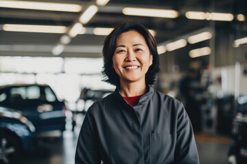 Smiling portrait of a female asian car mechanic working in a mechanics shop