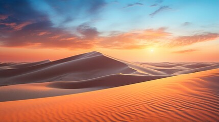 Fototapeta na wymiar a serene and pristine desert dune field at sunset, with the warm golden hues of the sand contrasting with the cool tones of the sky