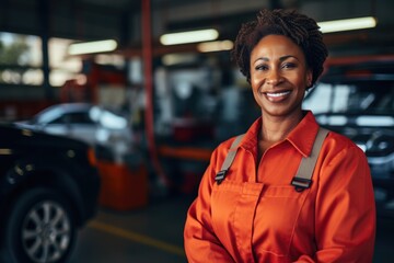 Smiling portrait of a female african american car mechanic working in a mechanics shop