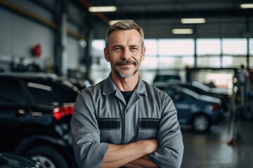 Fototapeta na wymiar Smiling portrait of a male caucasian car mechanic working in a mechanics shop