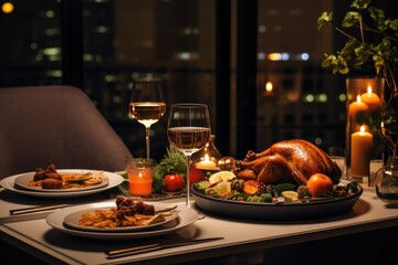 Thanksgiving dinner with a turkey and glasses of wine in a cozy dining room at home