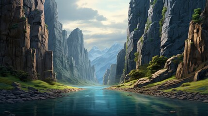 a serene and winding river canyon, with sheer rock walls rising on either side and the water reflecting the surrounding beauty of the landscape