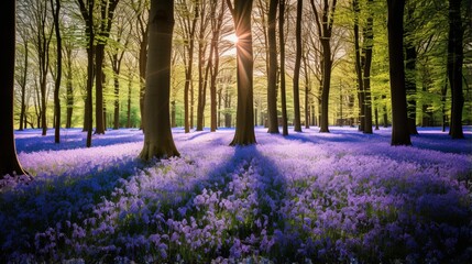 a serene forest covered in a blanket of bluebells, with a carpet of vibrant purple blooms extending as far as the eye can see