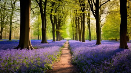 a serene forest covered in a blanket of bluebells, with a carpet of vibrant purple blooms extending as far as the eye can see - Powered by Adobe