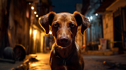 夜の路地裏に住む犬