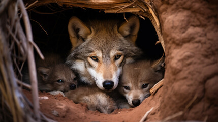 A Heartwarming Scene of Wolf Pup Nurturing in the Den