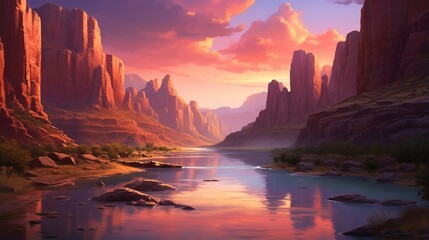 a serene river canyon at sunset, with sheer rock walls glowing in the warm light and the river...
